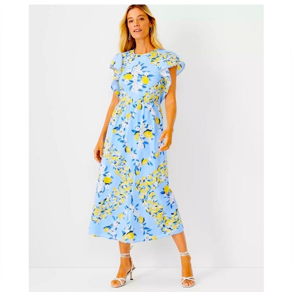 Ann Taylor Lemon Ruffle Sleeve Maxi Dress Medium NEW